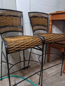 lot 141 image: Pair of Steel and Wicker Bar Height Chairs