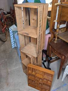 lot 144 image: Pair of Large Vintage Wood Produce Crates and Curio Shelf