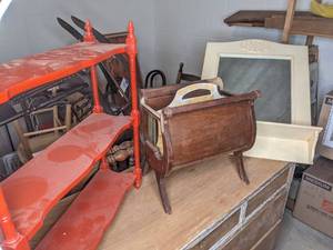 lot 148 image: Vintage Wooden Tiered Shelf, Magazine Holder and Mirror