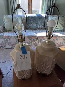lot 297 image: Pair of Pale Pink Hexagonal Table Lamps with Floral Design