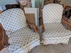 lot 296 image: Pair of Wood Rocking Chairs with Removable Upholstered Seats and Back