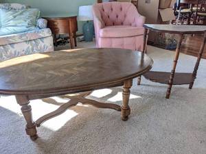 lot 295 image: (2) Vintage Tables Parquet Top Coffee Table and End Table