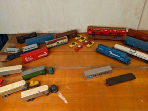 lot 51 image: Assorted Vintage Model Train Box Cars and Toy Cars