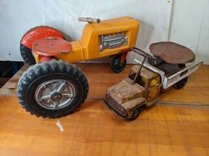 lot 5 image: (2) Vintage Toy Trucks Buddy L Sit-N-Ride Stone and Gravel Truck and Tractor