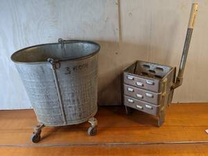 lot 13 image: Galvanized Steel Rolling Wash Bucket and Geerpress Ringer