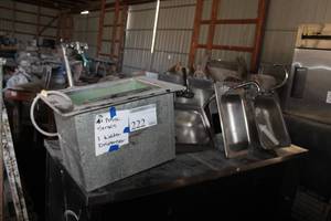 lot 222 image: Lot of (4) NSF Stainless Steel Commercial Single-Basin Sinks with Fixtures (x3), The Delfield Company Drop-In & Undercounter Water Dispenser (x1)