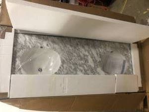 Home Decorators Collection Windlowe 61 in. W x 22 in. D x 35 in. H Bath Vanity in White with Carrera Marble Vanity Top in White with White Sink in good conditions