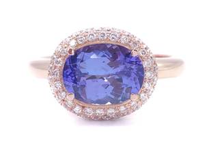 lot 13 image: Brand New  High Grade Natural Oval Tanzanite and Diamond Halo Ring in 14k Rose Gold $3999 Retail