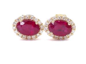 lot 21 image: Brand New 1.10 Carat Very Fine Natural Ruby and Diamond Halo Earrings in 14k Yellow Gold $2400 Retail
