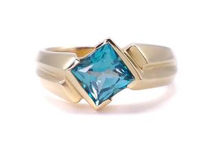 lot 30 image: Ladies Solitaire Blue Topaz Aqua Green Estate Ring in 14k Yellow Gold $2450 Retail