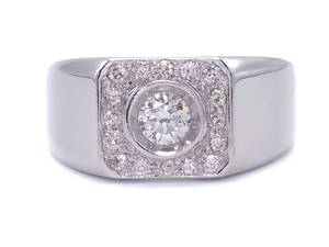 lot 15 image: Designer Solitaire Bezel Set Diamond in a Diamond Halo in 18k White Gold $2999 Retail