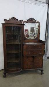 Antique Oak Curved Glass China Buffet With Mirror