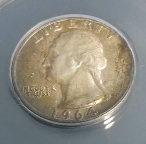 1964-D WASHINGTON SILVER QUARTER AU55 ANACS nicely toned
