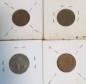 4 US COINS - 1 BUFFALO 5C, 2 WHEAT CENTS, 1 INDIAN HEAD CENT