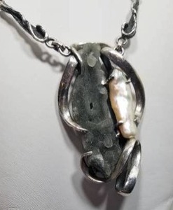 Brutalist Sterling Silver Necklace with Pearl and Quartz Signed ALBERTO