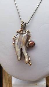 14K and Sterling Artisan Pearl Pendant Necklace, Signed MK 2004