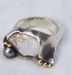 Artisan Designed White and Gray Pearl Cocktail Ring in 14K Gold and Sterling Silver