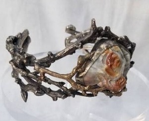 Carved Agate Cuff Bracelet in 14K Gold and Sterling Silver