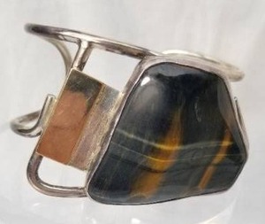 Huge Tigers Eye Gemstone Cuff Bracelet in 14K Gold and Sterling Silver