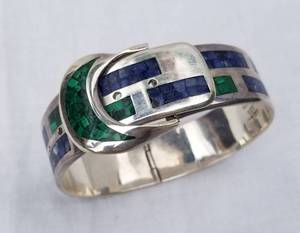 Lapis and Turquoise Mosaic Buckle Bracelet in 925 Sterling Silver