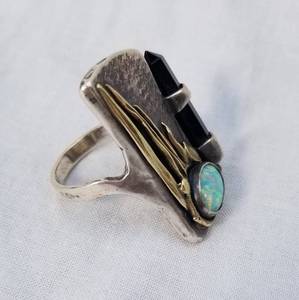 Poran Statement Ring in Sterling Silver with Fire Opal and Onyx