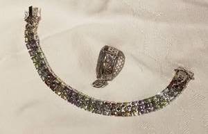 Gemstone Studded Sterling Bracelet and Teardrop Pendant