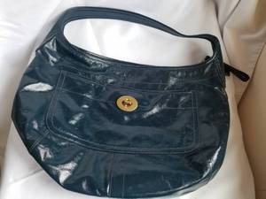 Designer Coach Glossy Leather Handbag - Dark Blue