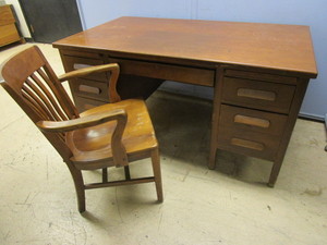 lot 201 image: VINTAGE SOLID WOOD DESK, WITH CHAIR AND FLOOR PROTECTOR