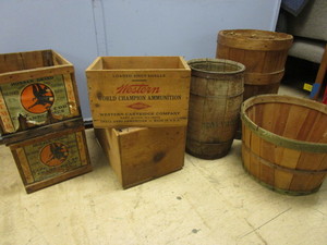 lot 208 image: VINTAGE CRATES, HONKER BRAND CAPE COD CRANBERRIES, WESTERN WORLD AMMUNITON, BASKETS, BARREL