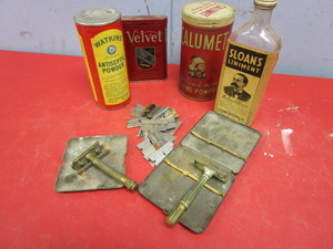 lot 237 image: VINTAGE GILLETTE SHAVING KIT, ASSRTD. TINS, CALUMET, SLOANS LINIMENT, VELVET TOBACCO, WATKINS POWDER