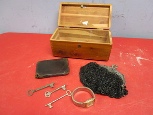 lot 240 image: VINTAGE PURSE WITH BEADING AND ORNATE METAL WORK, WALLET, WATCH, SKELETON KEYS, STORAGE CASE