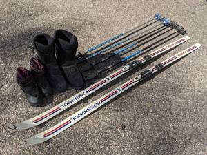 lot 27 image: Pair of Rossignol Caribou Cross Country Skis with Boots and Poles