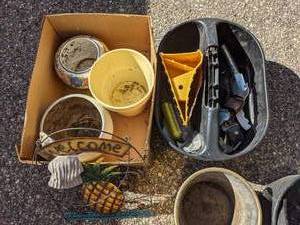 lot 29 image: Garden Cart and Assorted Planter Pots