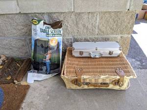 lot 32 image: Wicker Picnic Basket & Contents, Grilling Tools and Umbrella Table Screen
