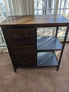 lot 157 image: Modern Distressed Wood and Metal Freestanding Storage Cabinet