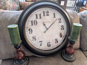 lot 165 image: Pair of Pillar CandlesHolders and Wall Clock