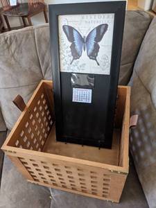 lot 169 image: Wood Storage Basket and Butterfly Art