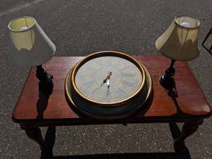 lot 228 image: Round Wall Clock and Pair of Matching Table Lamps