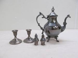 lot 113 image: Silver candle holder, server, shakers