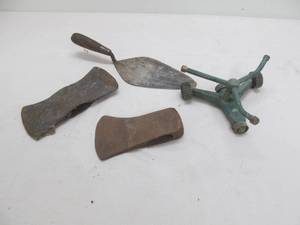 lot 164 image: Vintage axe heads, trowel, sprinkler