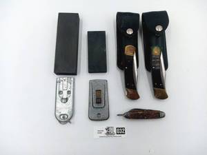 Vintage 2 Buck Folding knives with Sheath, Four Blade Camillus Pocket Knife, 2 scrapers, 2 sharpening stones