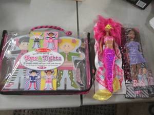 lot 296 image: 2 Barbies & Melissa & Doug Wooden D...