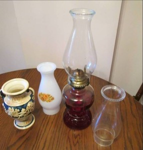 lot 60 image: Oil lamp, globes and vase...