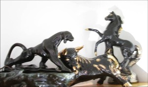 lot 234 image: 3 Black porcelain figures, on is li...