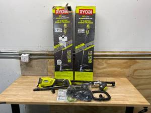 lot 28 image: RYOBI Lot of 3-  18 in. 10 Amp Attachment Capable Electric String Trimmers