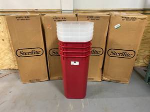 lot 39 image: STERILITE Lot of 20-  Vertical Wrapping Paper Storage Boxs & Lift Top Lids, Red