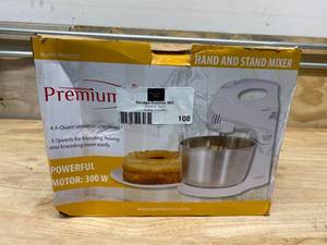 lot 108 image: PREMIUM 5-Speed Hand Mixer with Stand and 4.5 Qt. Stainless Steel Bowl