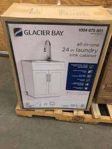 Glacier Bay All-in-One 24.2 in. x 21.3 in. x 33.8 in. Stainless Steel Laundry Sink with Faucet and Storage Cabinet Not used