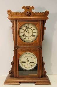 lot 19 image: Waterbury # 44 Double Dial Calendar Shelf Clock ( Rare Find)