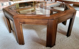 lot 8 image: Glass Topped Wooden Octagon Coffee Table
